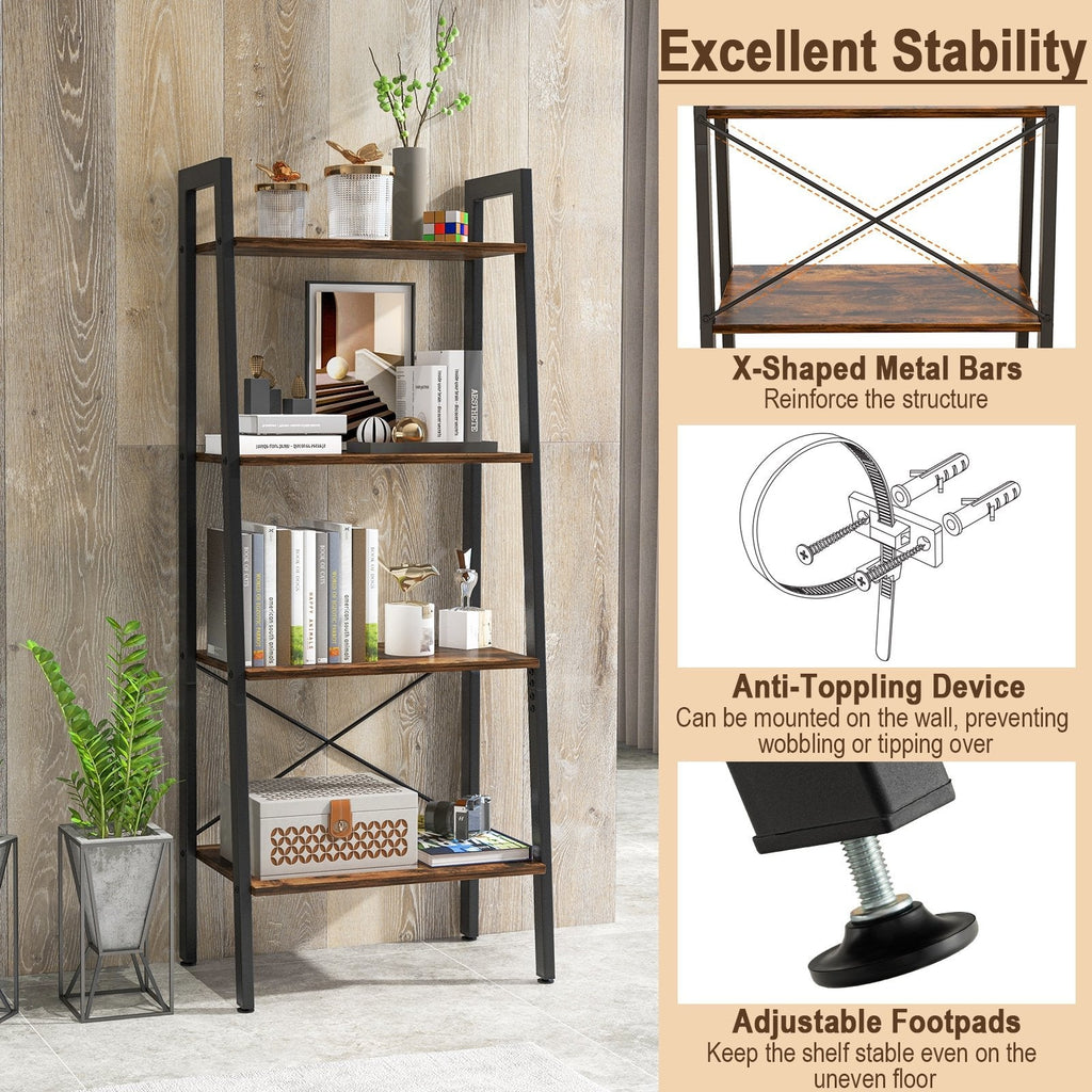 4 Tier Ladder Bookshelf with Metal Frame and Adjustable Foot Pads, Rustic Brown