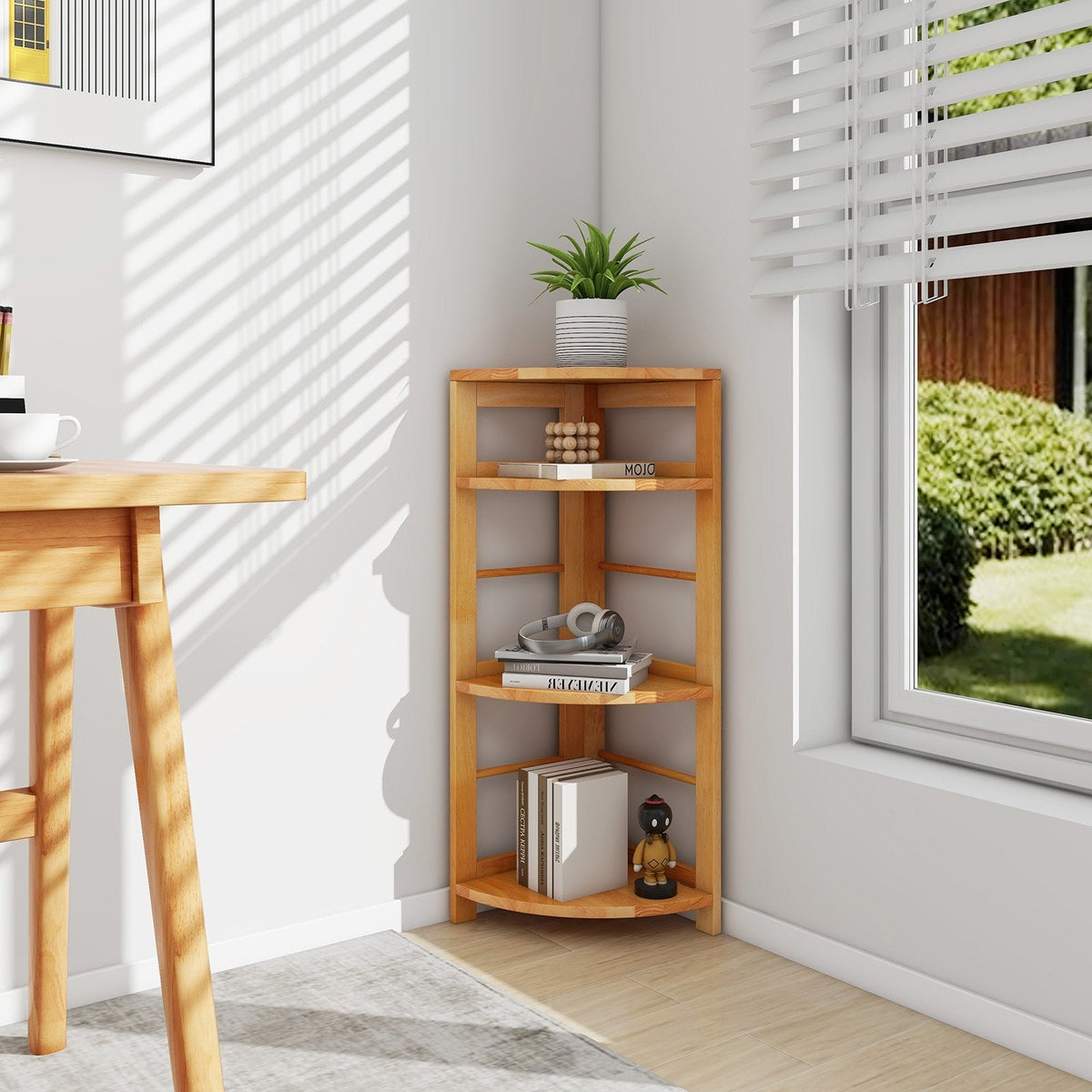 4 Tier Corner Shelf with Rubber Wood Frame, Natural Corner Bookcase with Side Fences