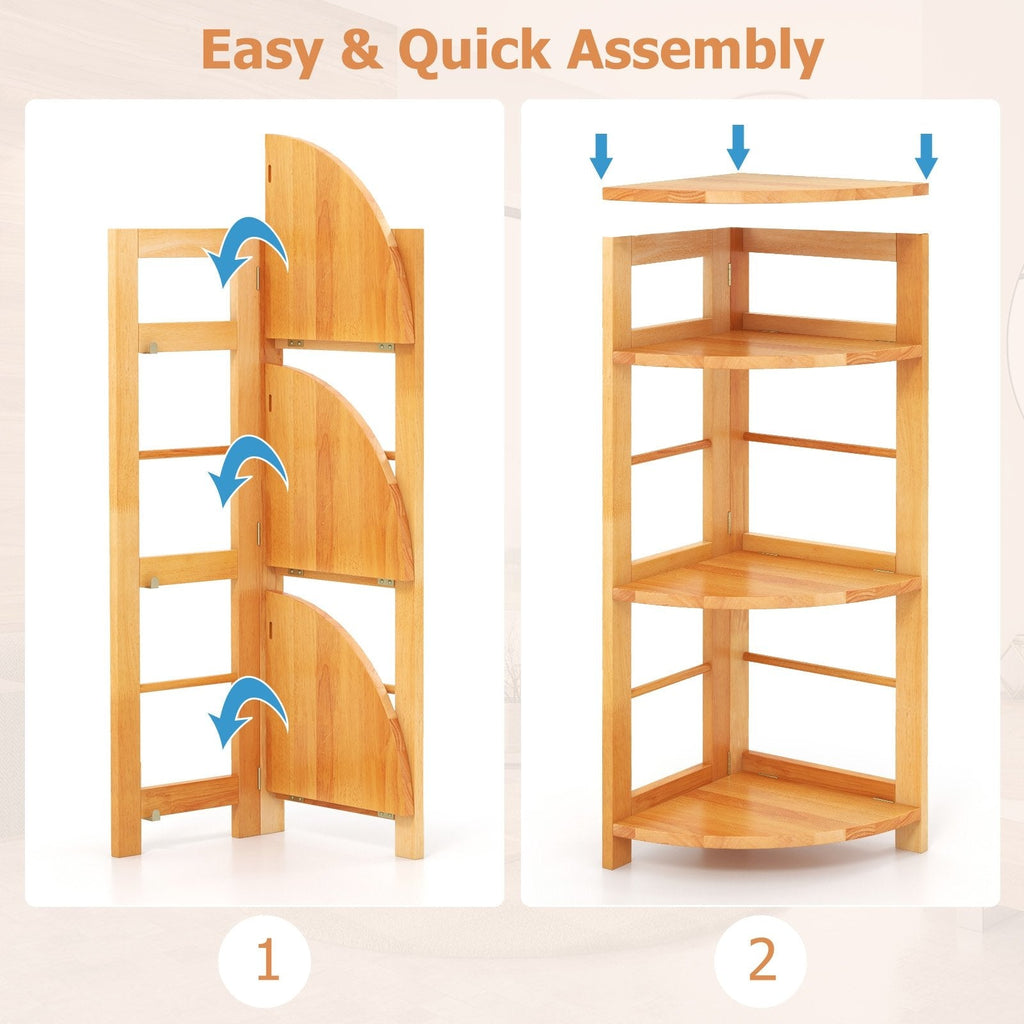 4 Tier Corner Shelf with Rubber Wood Frame, Natural Corner Bookcase with Side Fences