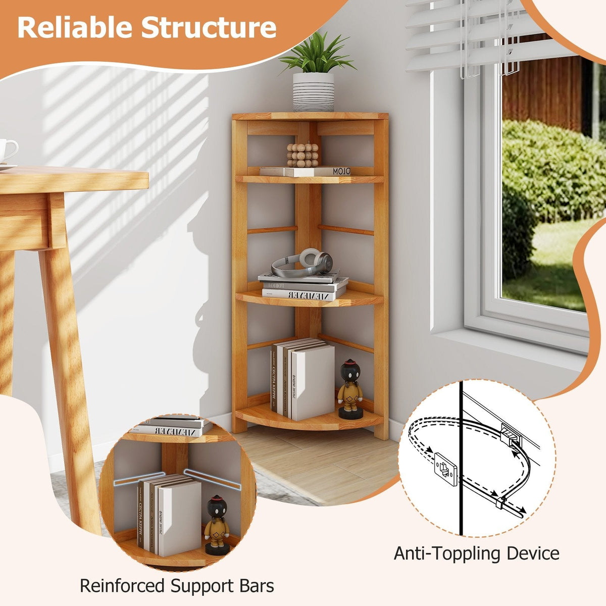 4 Tier Corner Shelf with Rubber Wood Frame, Natural Corner Bookcase with Side Fences