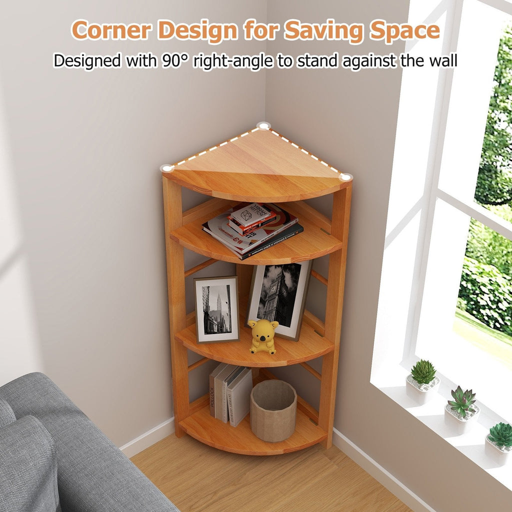 4 Tier Corner Shelf with Rubber Wood Frame, Natural Corner Bookcase with Side Fences