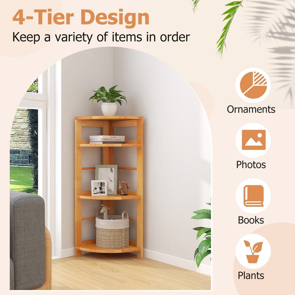 4 Tier Corner Shelf with Rubber Wood Frame, Natural Corner Bookcase with Side Fences