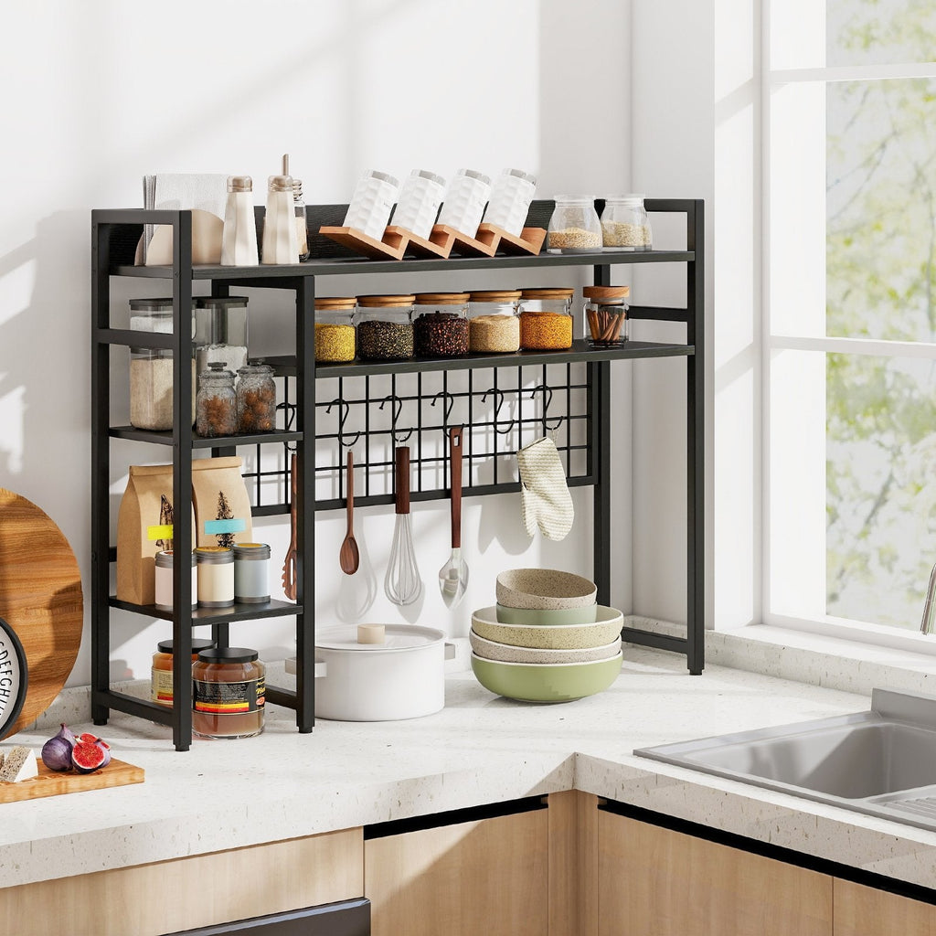 4-Tier Desk Shelf Desktop Display Rack with Metal Grid Panel and 6 Hooks-Black