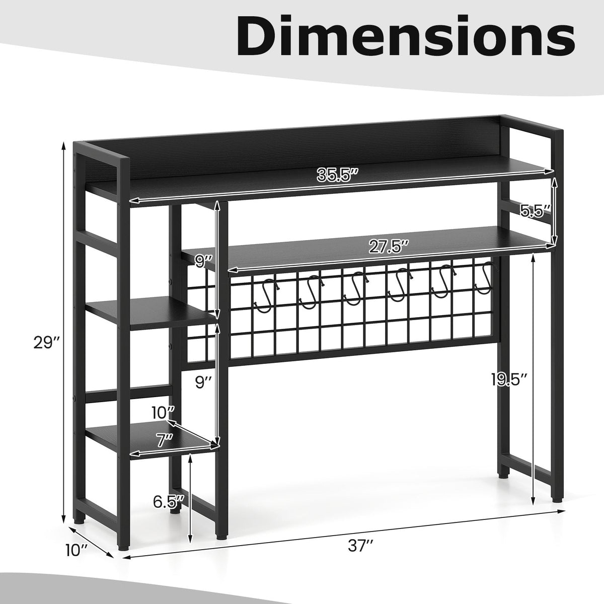 4-Tier Desk Shelf Desktop Display Rack with Metal Grid Panel and 6 Hooks-Black