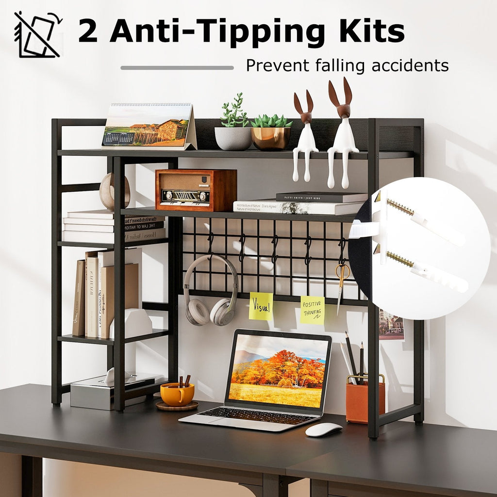 4-Tier Desk Shelf Desktop Display Rack with Metal Grid Panel and 6 Hooks-Black