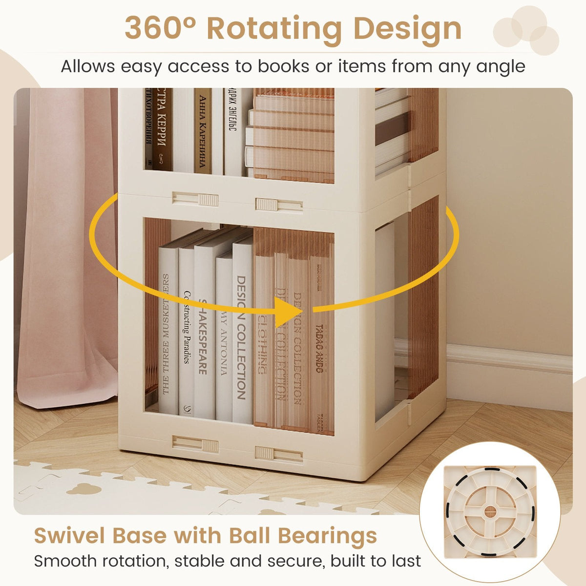 4-Tier Foldable Rotating Bookshelf with Swivel Base and Translucent Panels-White