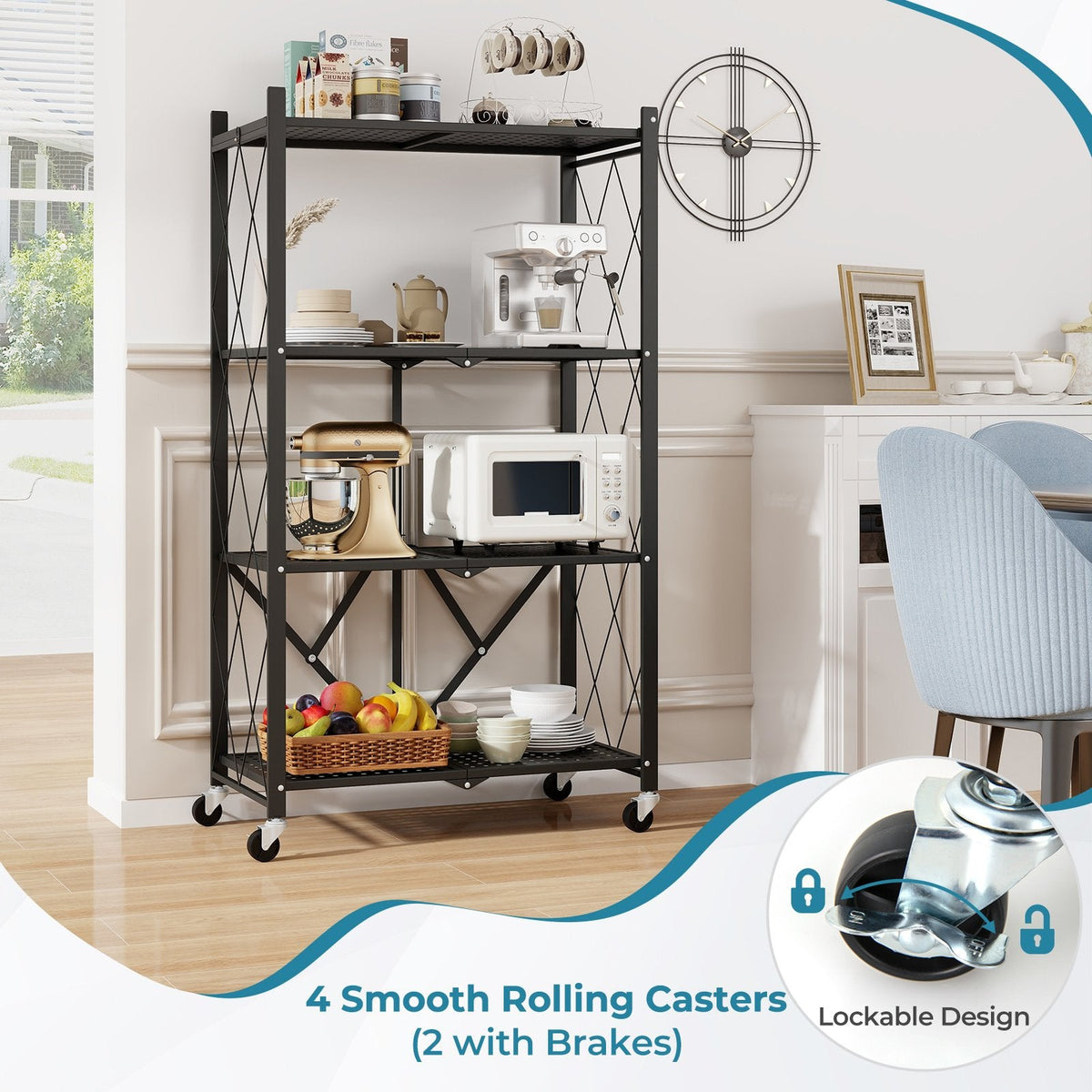 4-Tier Foldable Storage Shelf Collapsible Storage Rack with Lockable Wheels-Black