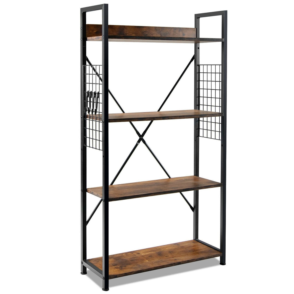 4 Tier Industrial Open Storage Bookshelf with Mesh Sides and 4 Hooks, Rustic Brown