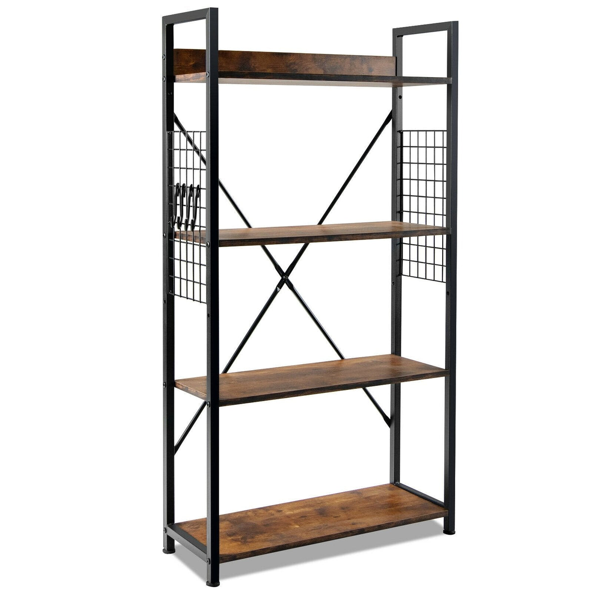 4 Tier Industrial Open Storage Bookshelf with Mesh Sides and 4 Hooks, Rustic Brown