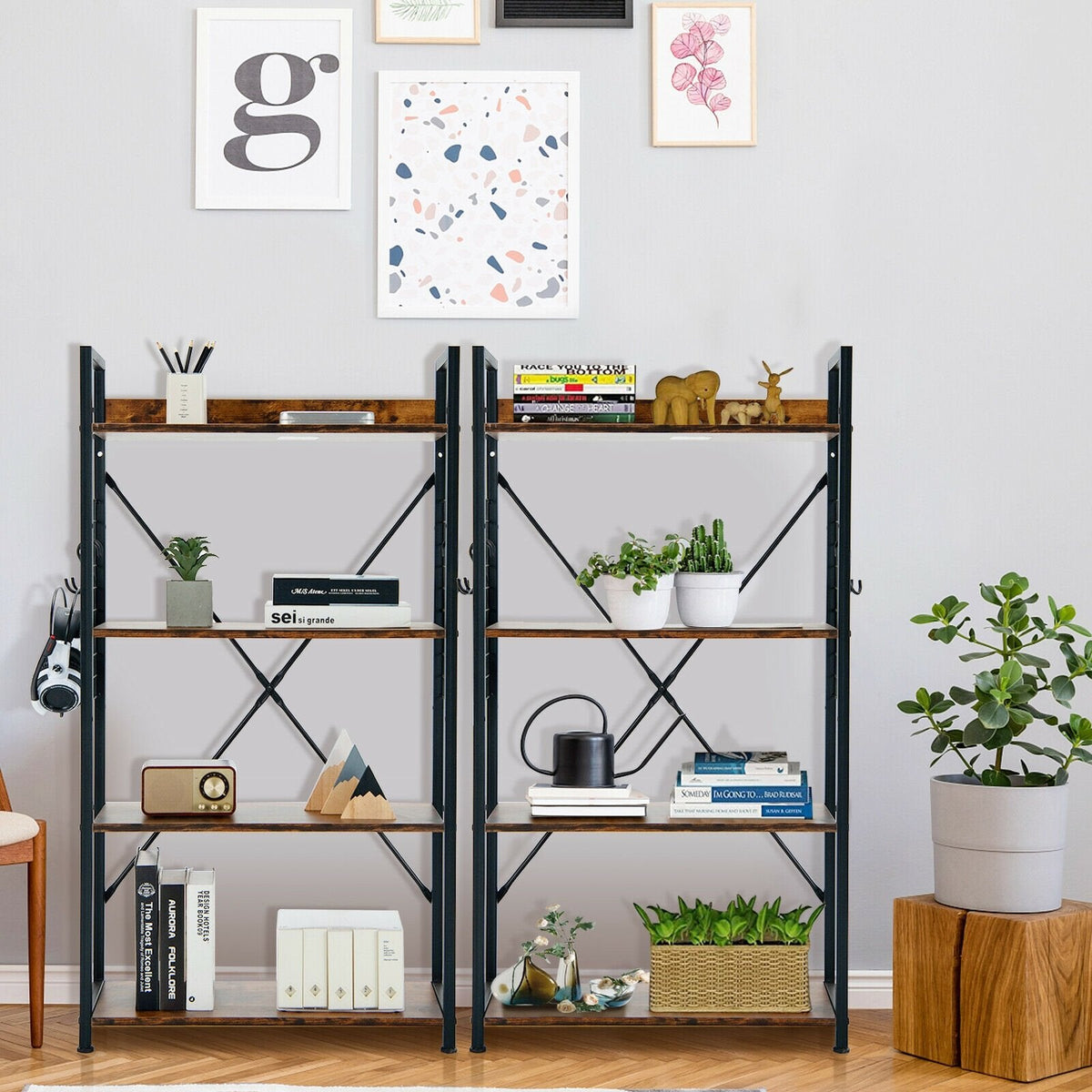 4 Tier Industrial Open Storage Bookshelf with Mesh Sides and 4 Hooks, Rustic Brown