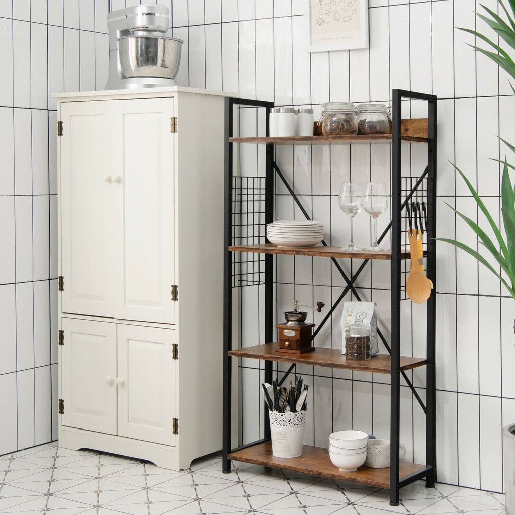 4 Tier Industrial Open Storage Bookshelf with Mesh Sides and 4 Hooks, Rustic Brown