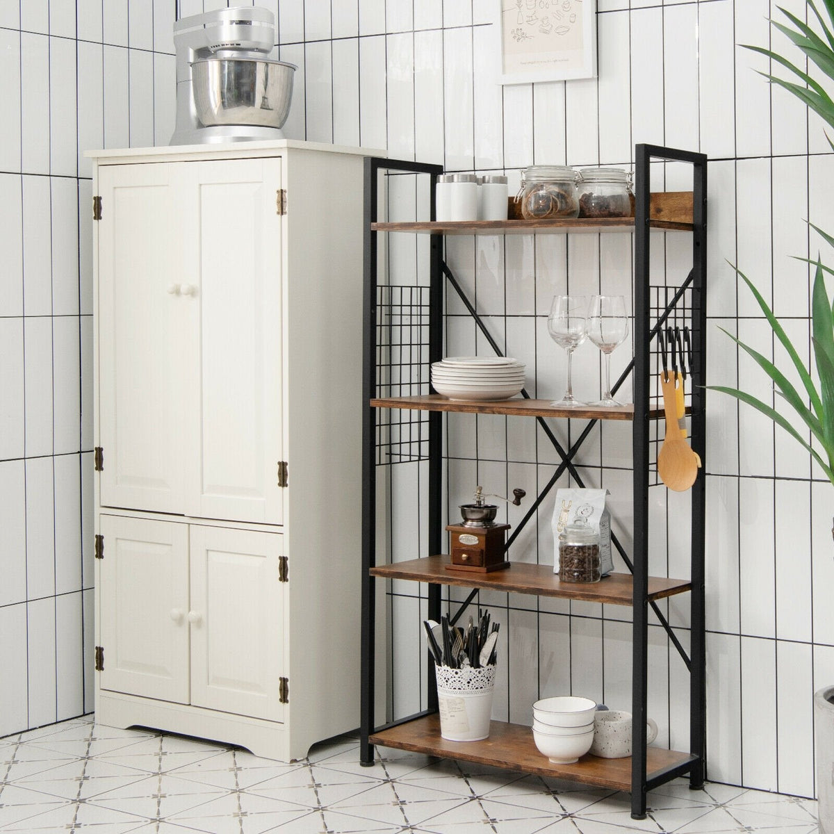 4 Tier Industrial Open Storage Bookshelf with Mesh Sides and 4 Hooks, Rustic Brown
