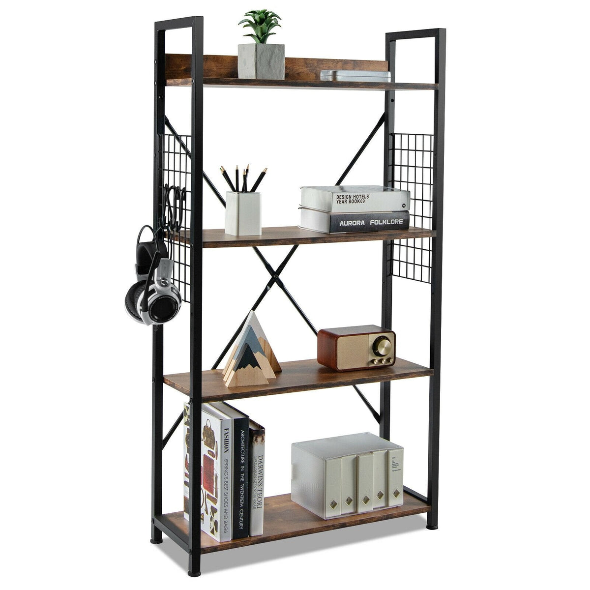 4 Tier Industrial Open Storage Bookshelf with Mesh Sides and 4 Hooks, Rustic Brown
