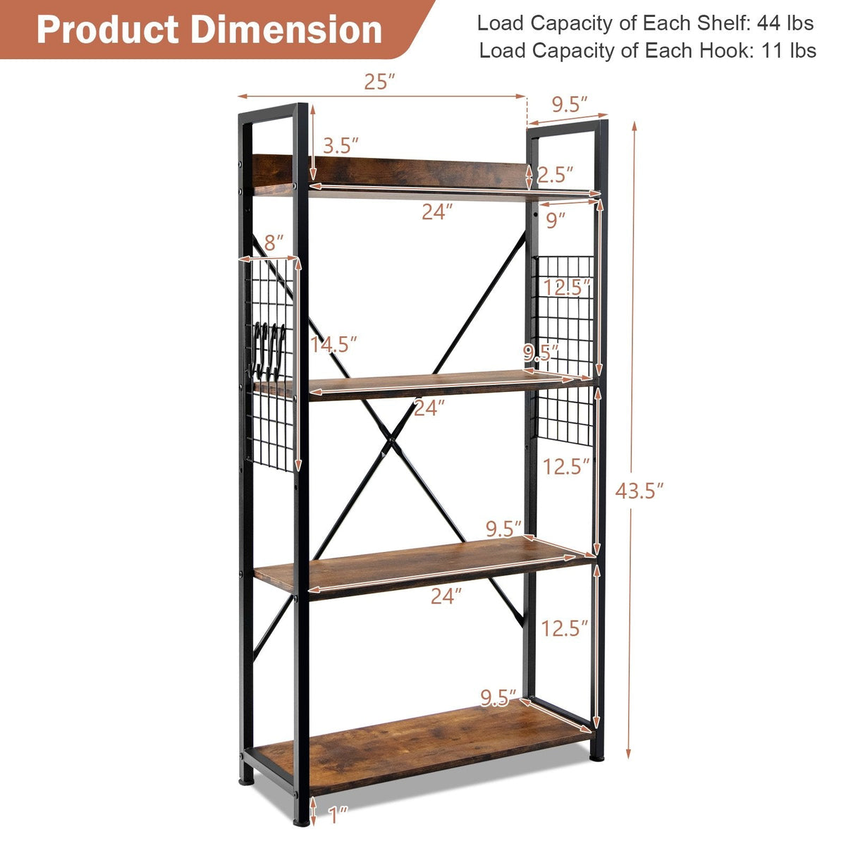 4 Tier Industrial Open Storage Bookshelf with Mesh Sides and 4 Hooks, Rustic Brown