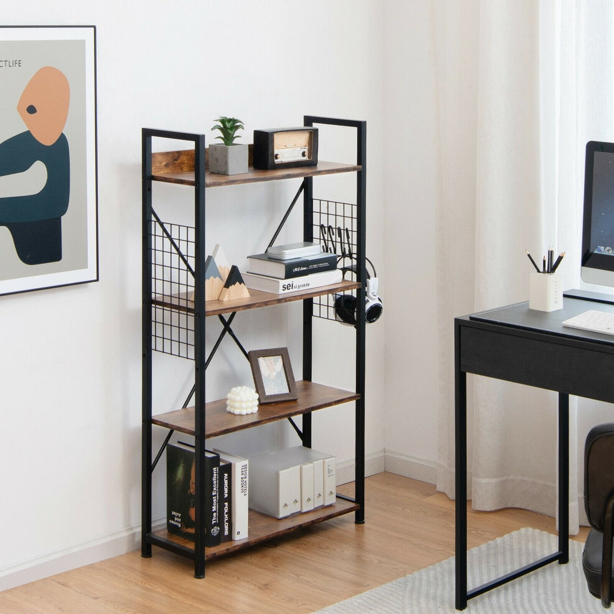 4 Tier Industrial Open Storage Bookshelf with Mesh Sides and 4 Hooks, Rustic Brown
