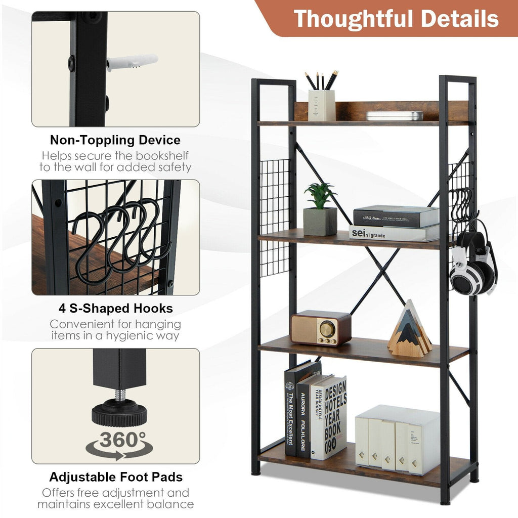4 Tier Industrial Open Storage Bookshelf with Mesh Sides and 4 Hooks, Rustic Brown