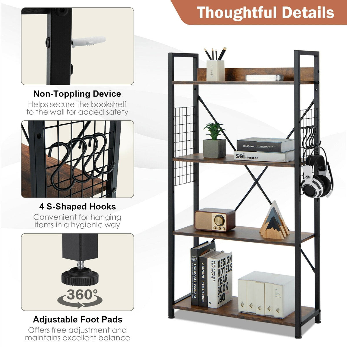 4 Tier Industrial Open Storage Bookshelf with Mesh Sides and 4 Hooks, Rustic Brown