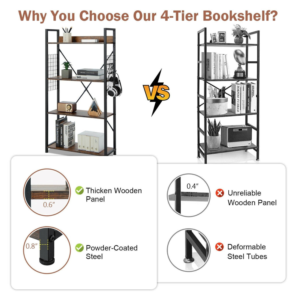 4 Tier Industrial Open Storage Bookshelf with Mesh Sides and 4 Hooks, Rustic Brown