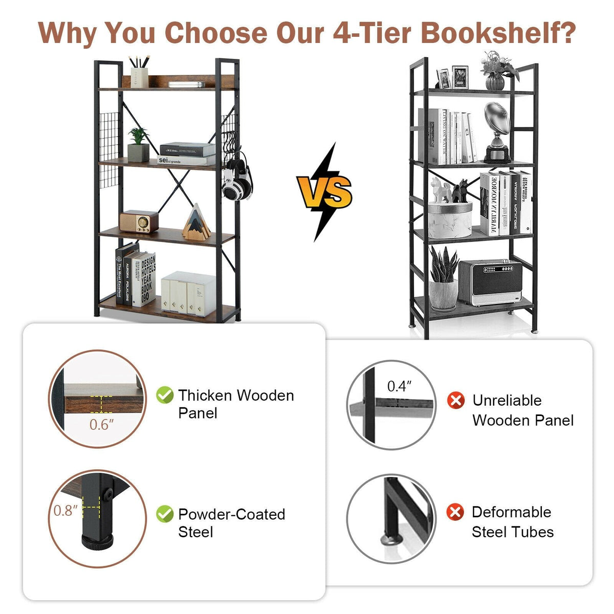 4 Tier Industrial Open Storage Bookshelf with Mesh Sides and 4 Hooks, Rustic Brown