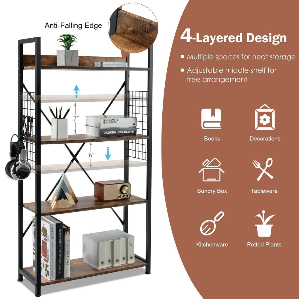 4 Tier Industrial Open Storage Bookshelf with Mesh Sides and 4 Hooks, Rustic Brown
