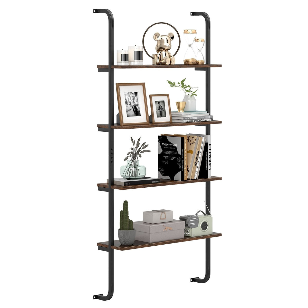 4-Tier Industrial Pipe Shelving with Metal Frame for Living Room Kitchen-Rustic Brown