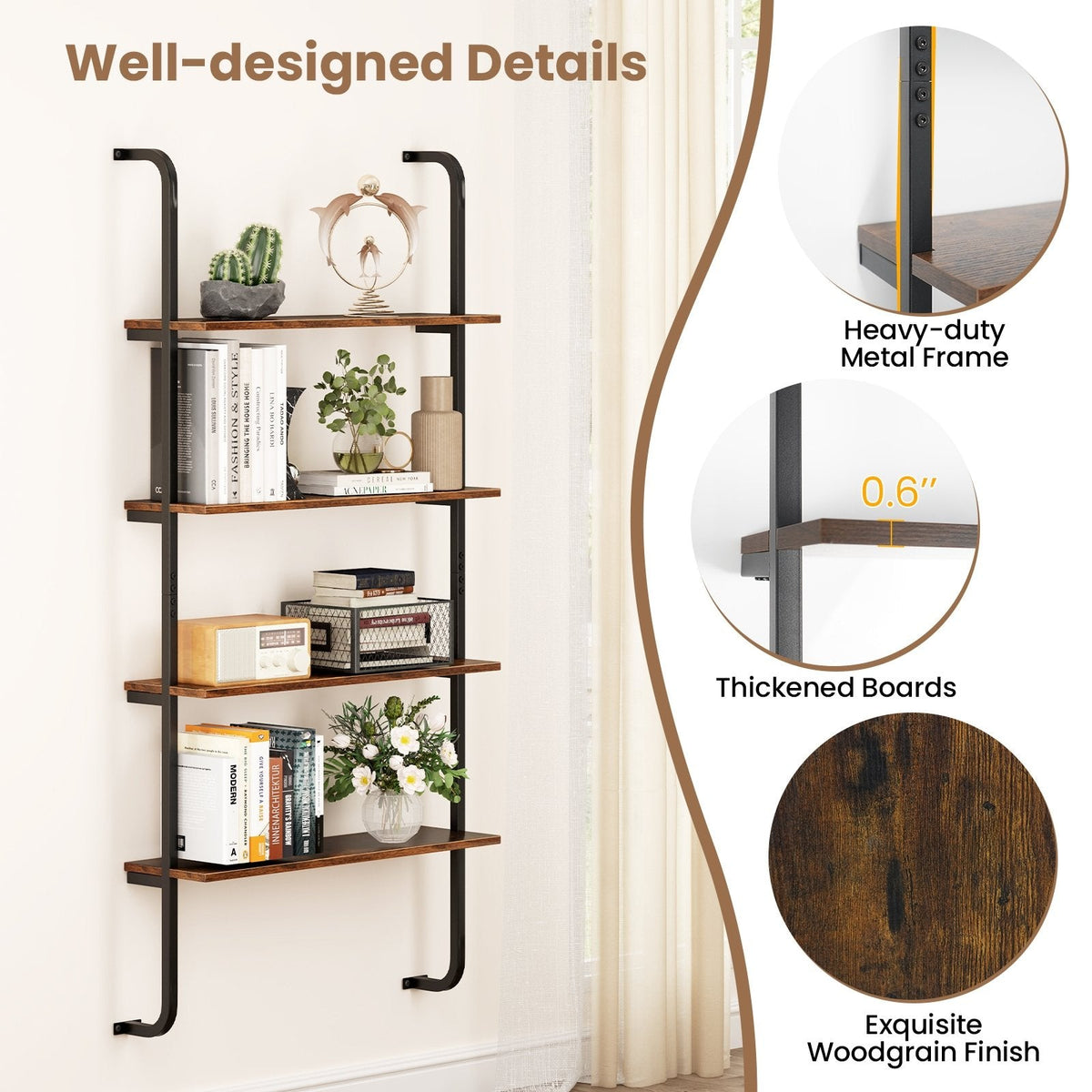 4-Tier Industrial Pipe Shelving with Metal Frame for Living Room Kitchen-Rustic Brown