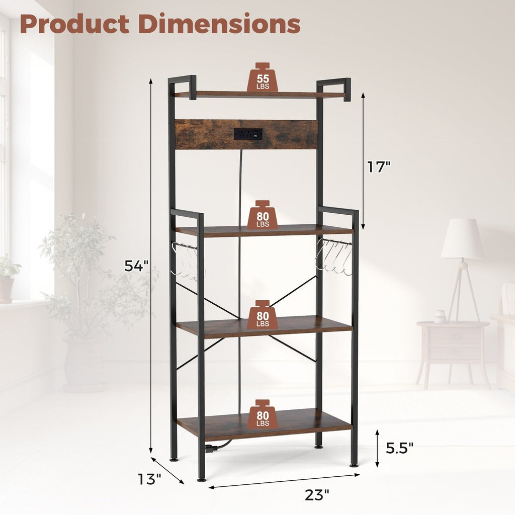 4-Tier Kitchen Bakers Rack with Power Outlet and 8 Hooks-Rustic Brown