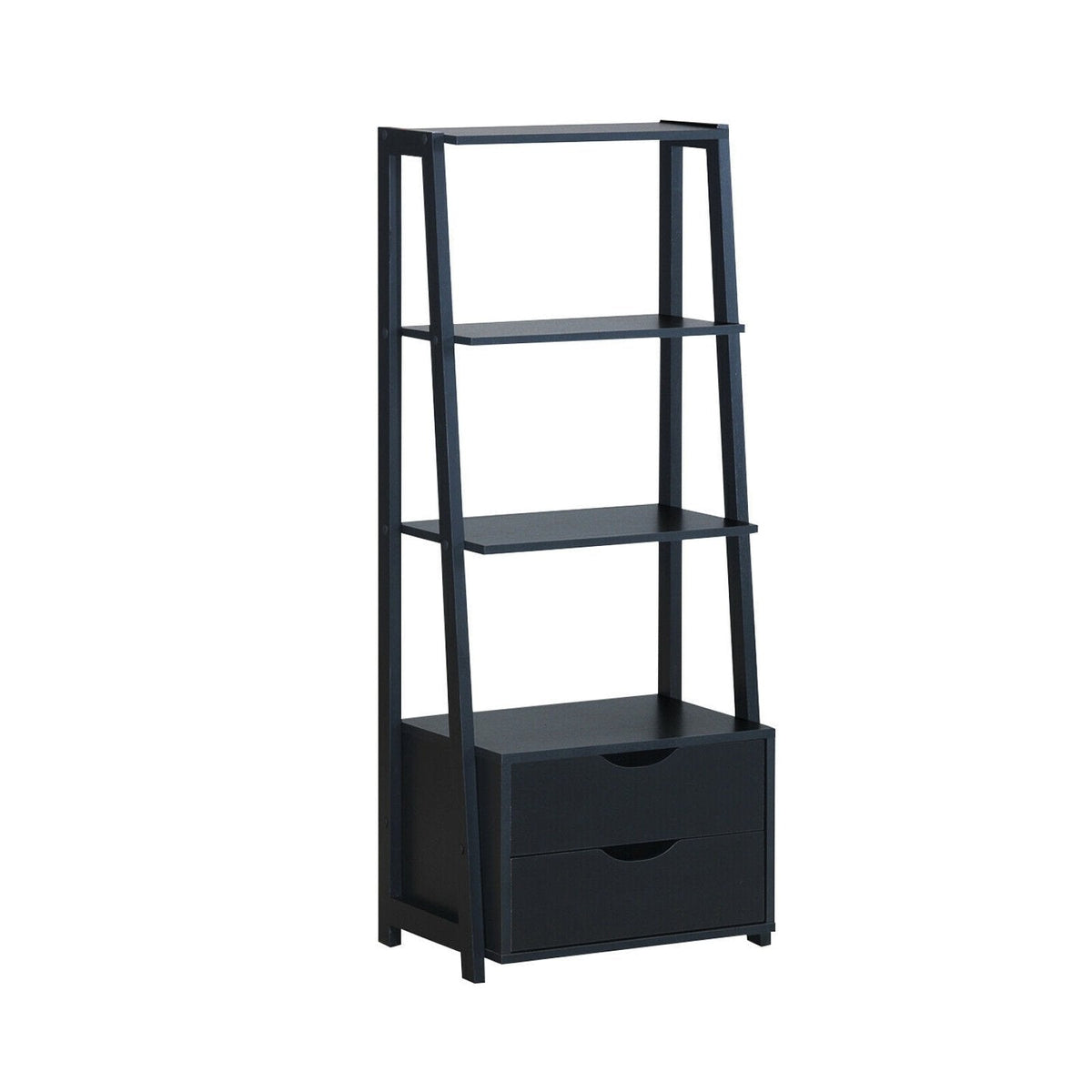 4 Tier Ladder Bookshelf with 2 Drawers, Black Storage and Display Shelf