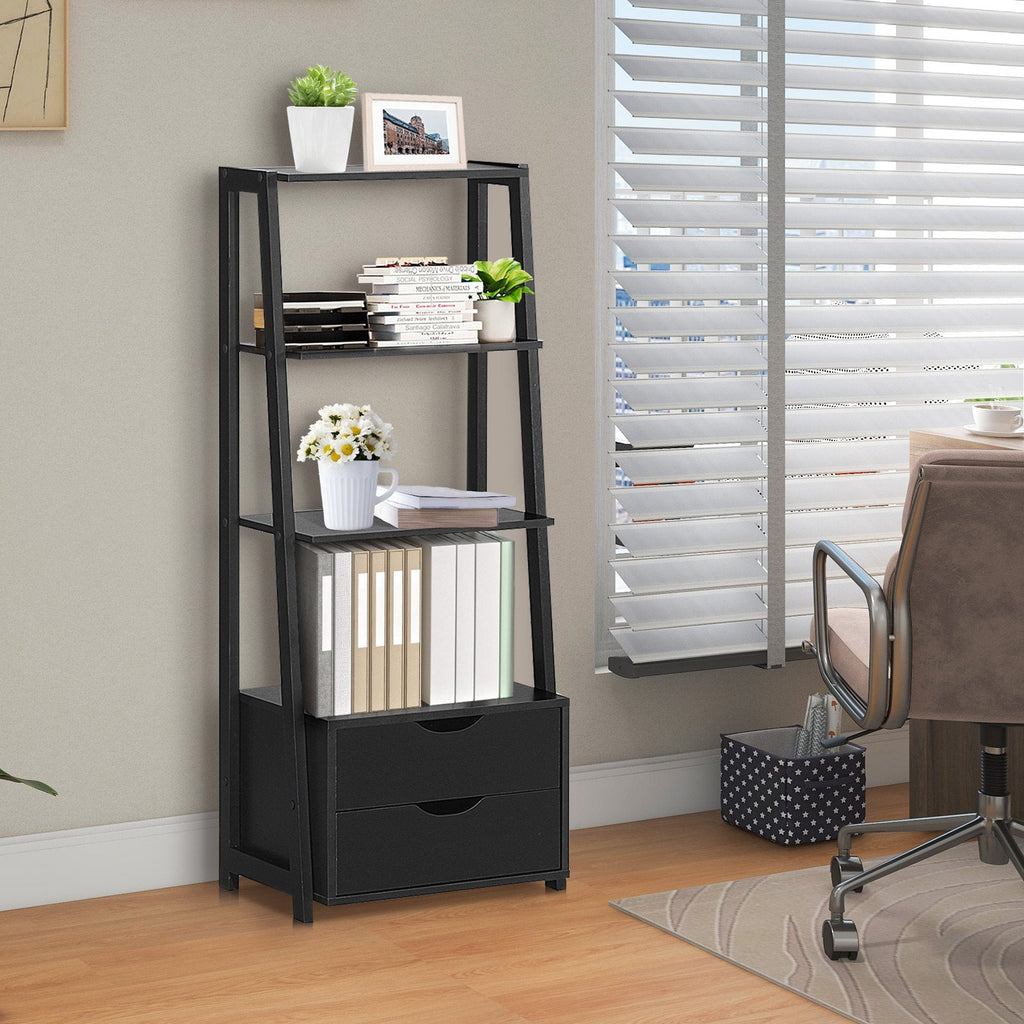 4 Tier Ladder Bookshelf with 2 Drawers, Black Storage and Display Shelf