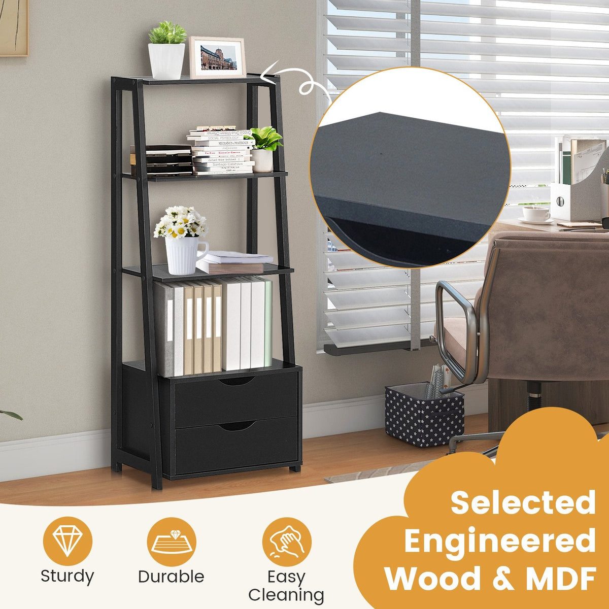 4 Tier Ladder Bookshelf with 2 Drawers, Black Storage and Display Shelf