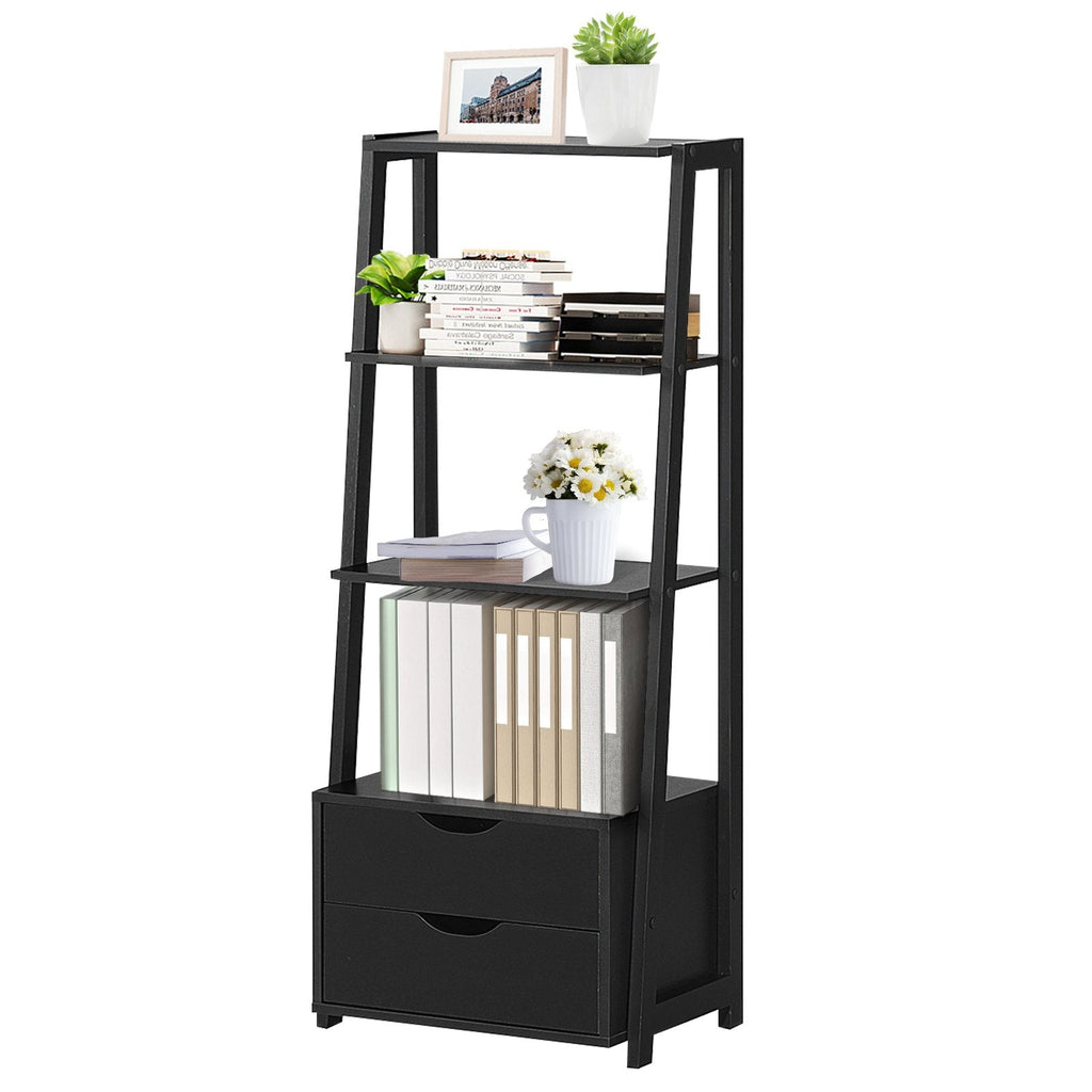 4 Tier Ladder Bookshelf with 2 Drawers, Black Storage and Display Shelf