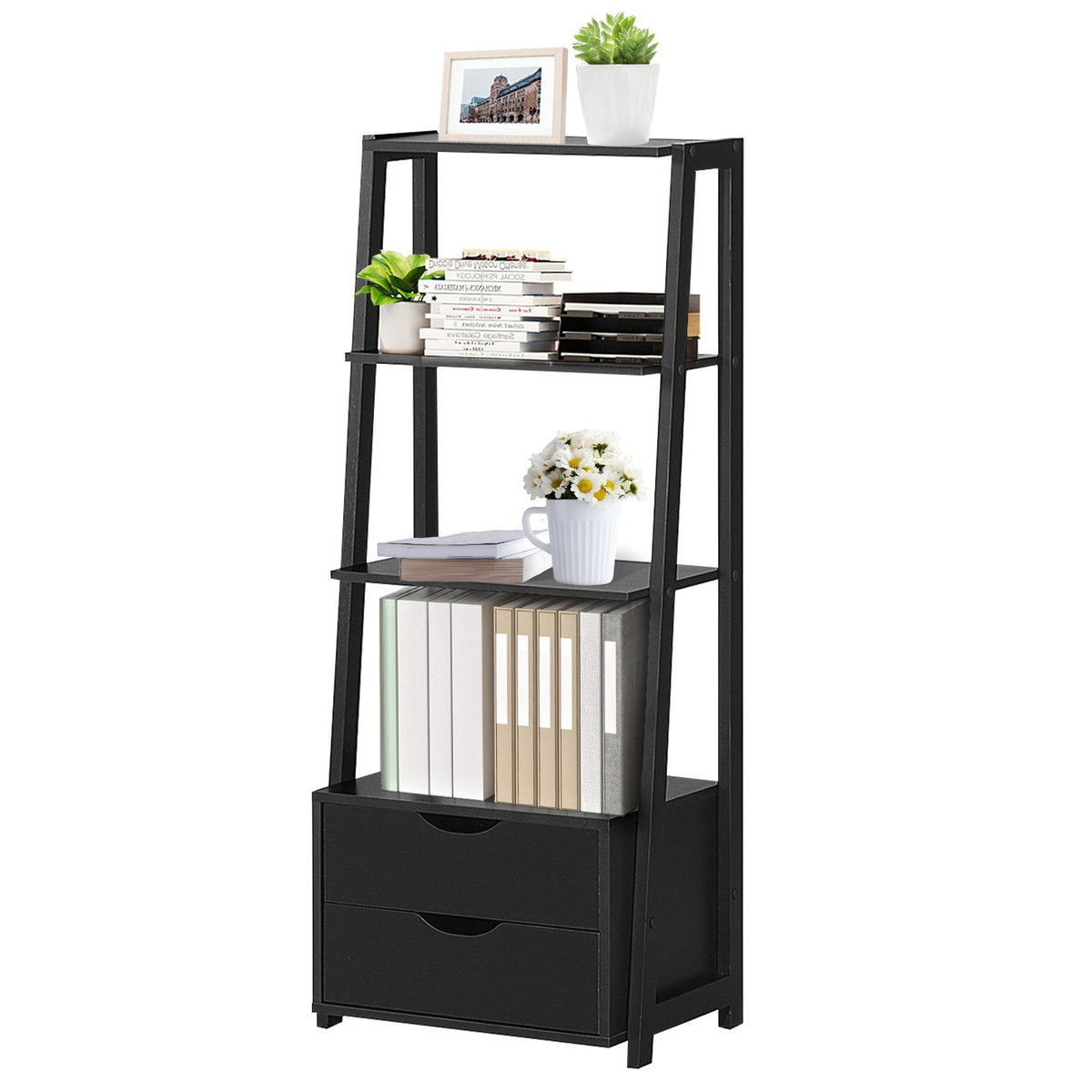 4 Tier Ladder Bookshelf with 2 Drawers, Black Storage and Display Shelf