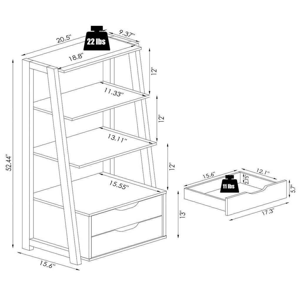 4 Tier Ladder Bookshelf with 2 Drawers, Black Storage and Display Shelf