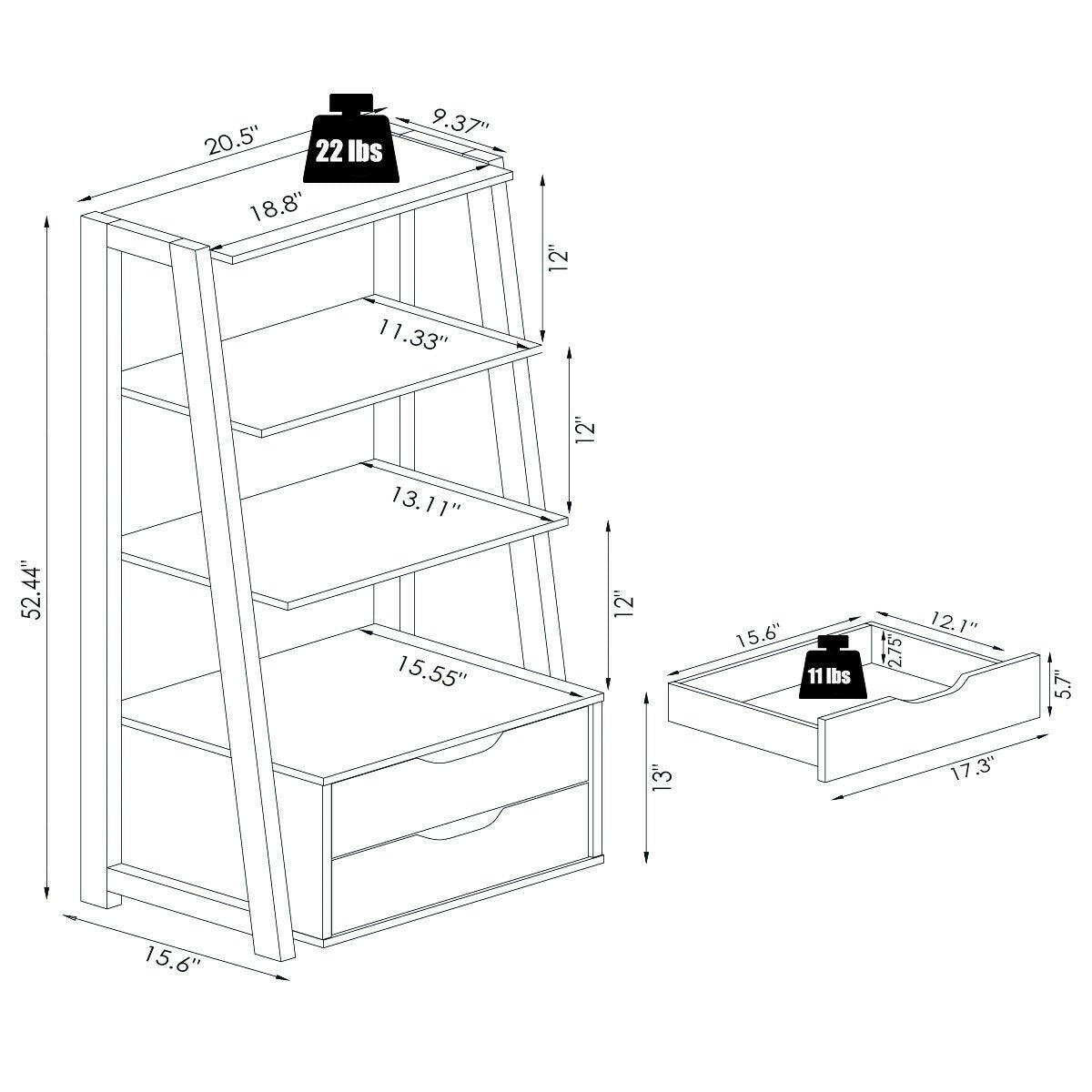 4 Tier Ladder Bookshelf with 2 Drawers, Black Storage and Display Shelf
