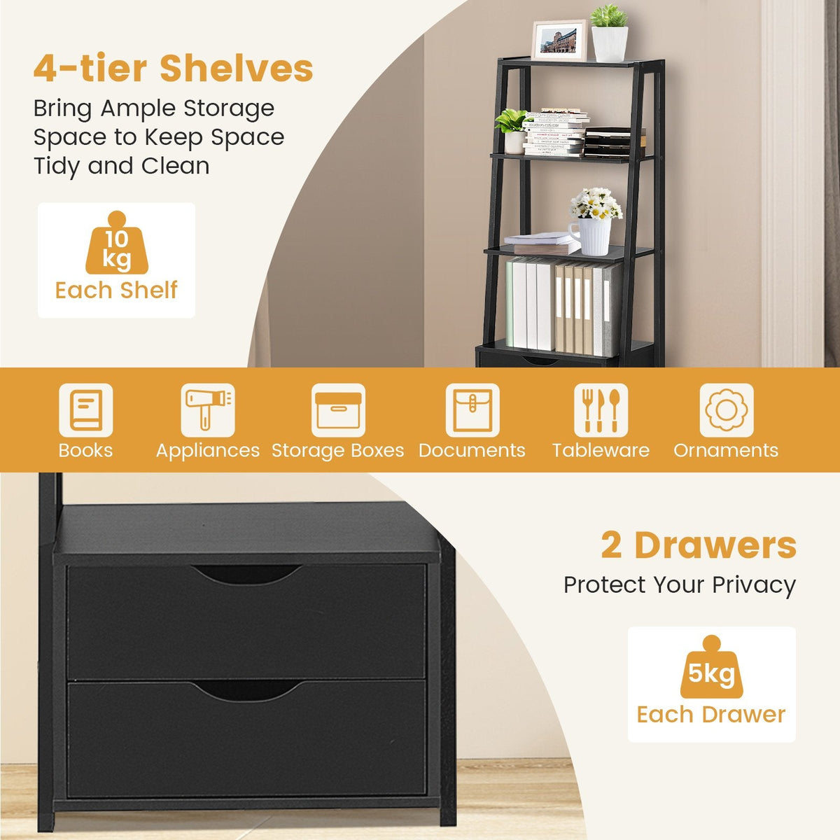 4 Tier Ladder Bookshelf with 2 Drawers, Black Storage and Display Shelf