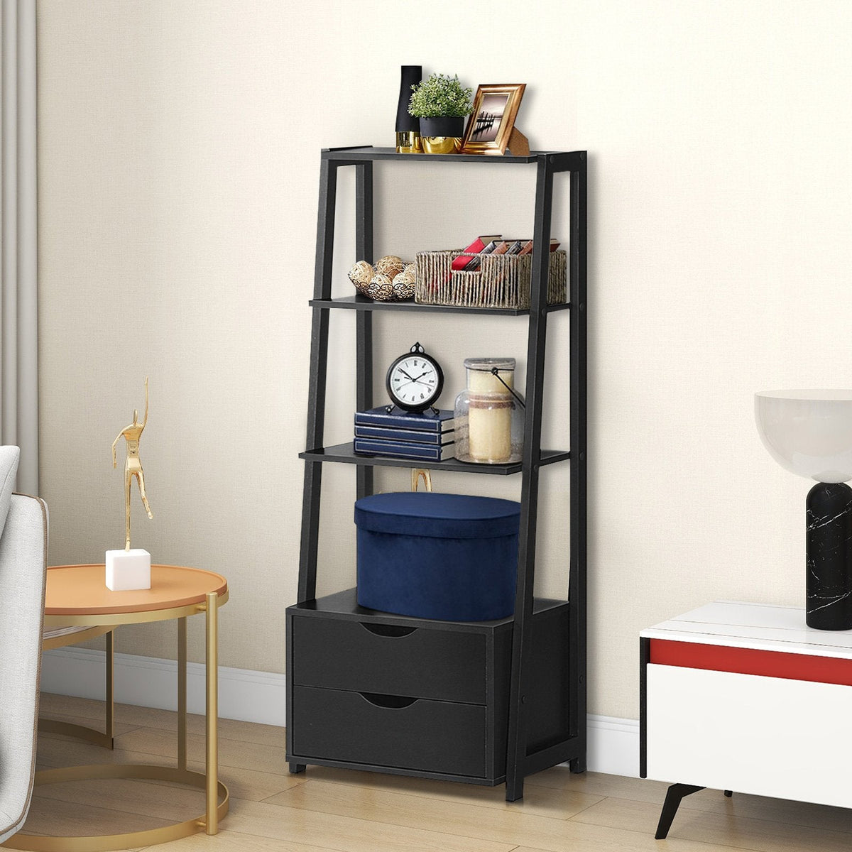 4 Tier Ladder Bookshelf with 2 Drawers, Black Storage and Display Shelf