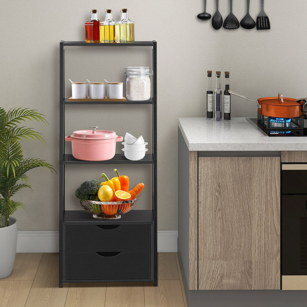 4 Tier Ladder Bookshelf with 2 Drawers, Black Storage and Display Shelf