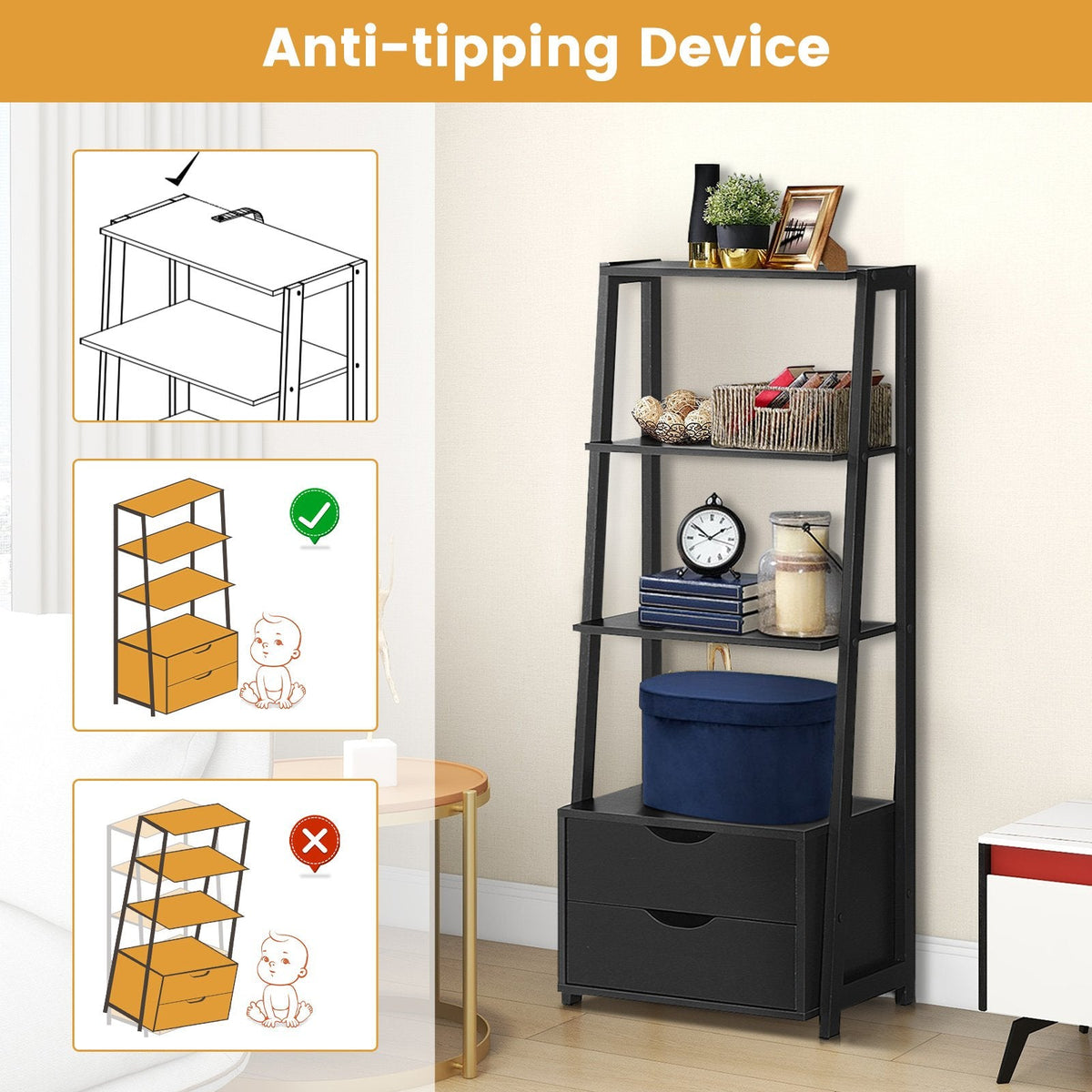 4 Tier Ladder Bookshelf with 2 Drawers, Black Storage and Display Shelf