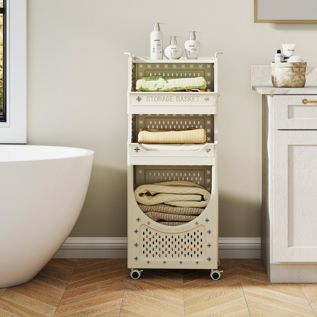 4-Tier Laundry Cart Folding Hamper with Lockable Wheels