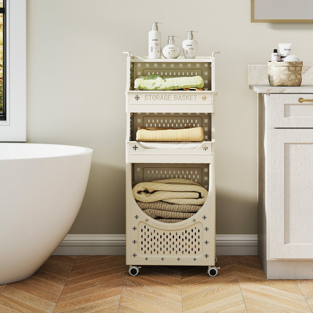 4-Tier Laundry Cart Folding Hamper with Lockable Wheels