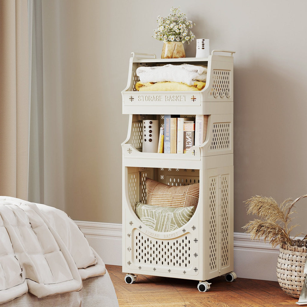 4-Tier Laundry Cart Folding Hamper with Lockable Wheels