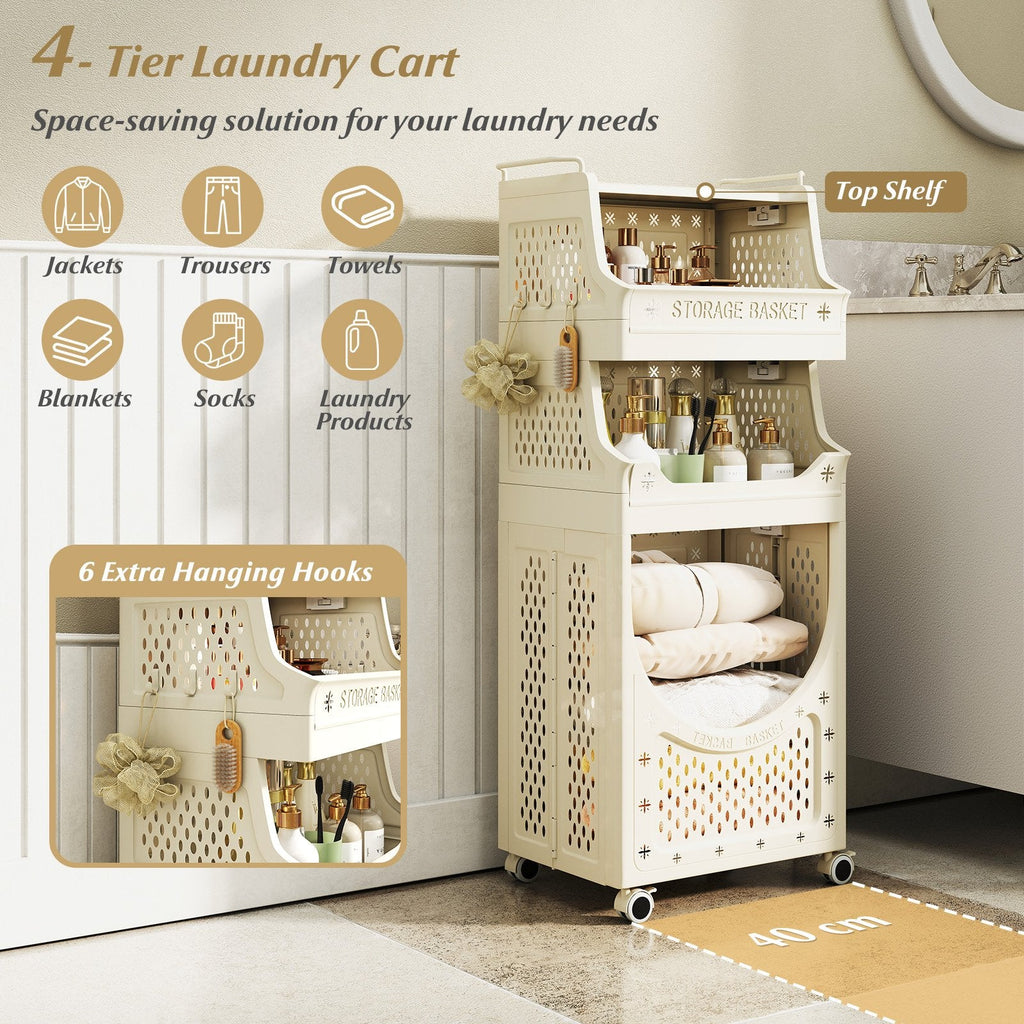 4-Tier Laundry Cart Folding Hamper with Lockable Wheels