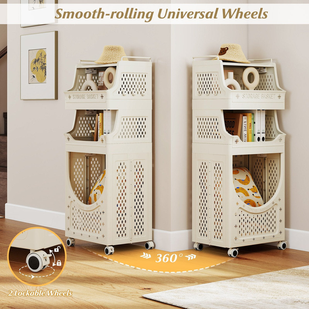 4-Tier Laundry Cart Folding Hamper with Lockable Wheels