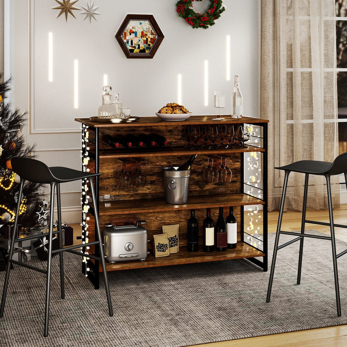 4-Tier Mini Bar Kitchen Island with Footrest and Wine Rack-Coffee