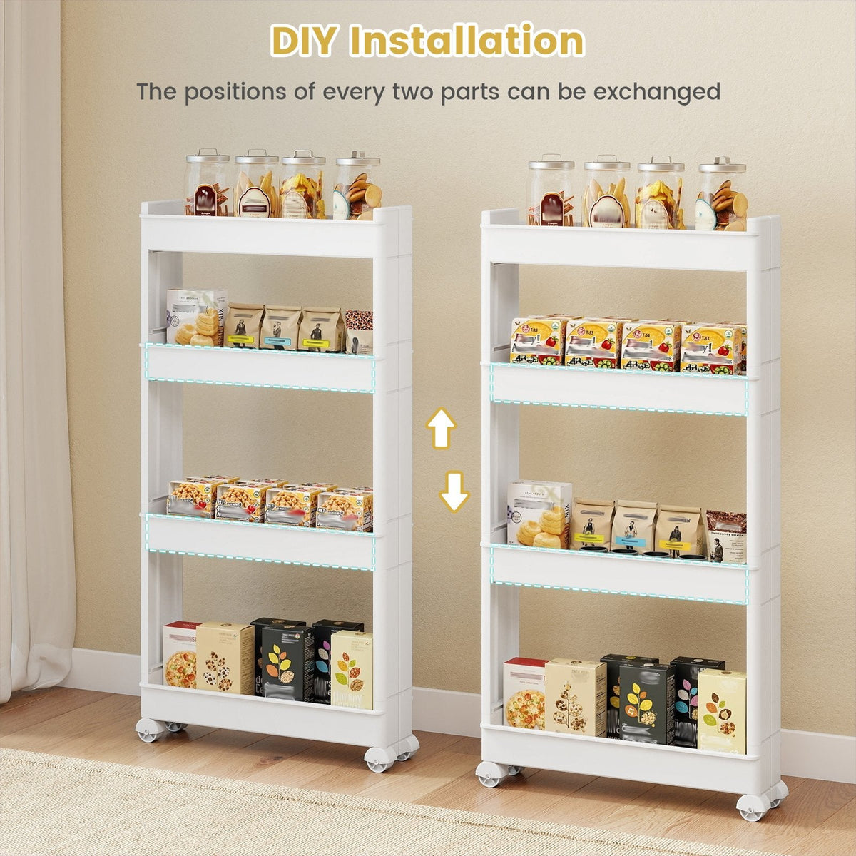 4-Tier Multifunctional Slim Storage Trolley with Detachable Trays-White