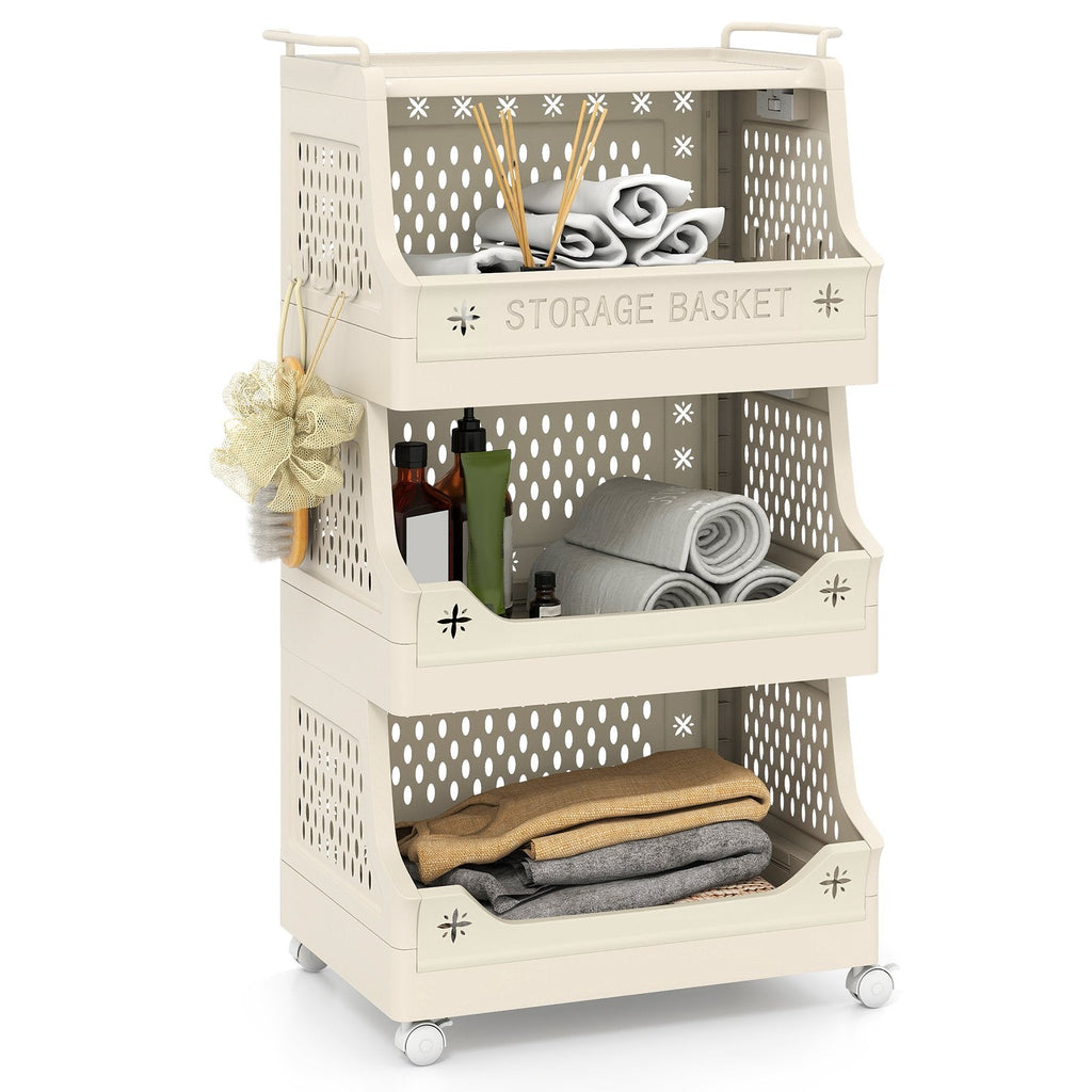 4-Tier Rolling Laundry Basket with Wheels Plastic Storage Cart with Side Hooks