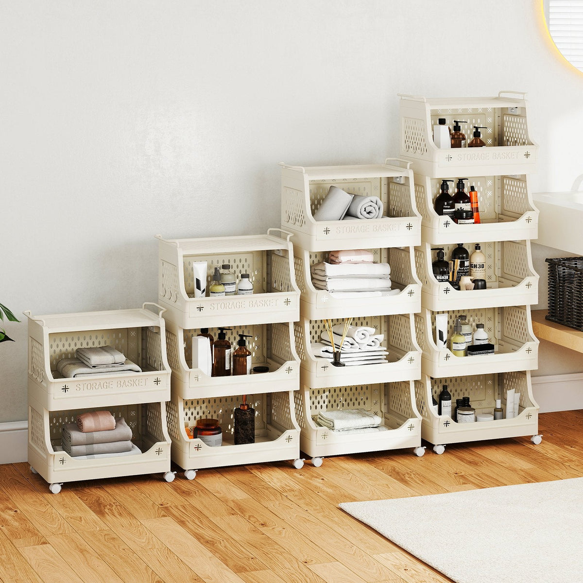 4-Tier Rolling Laundry Basket with Wheels Plastic Storage Cart with Side Hooks