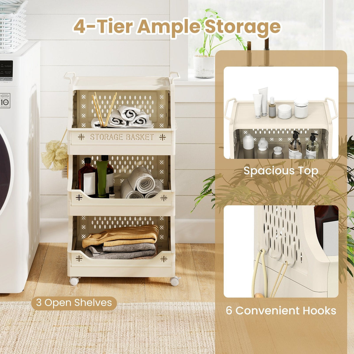 4-Tier Rolling Laundry Basket with Wheels Plastic Storage Cart with Side Hooks