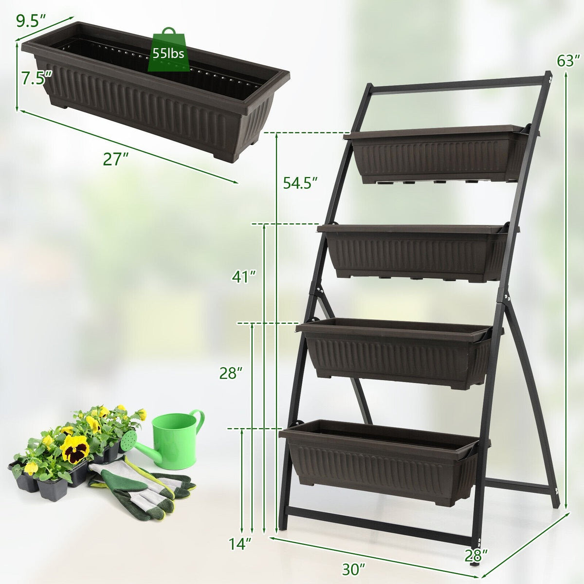 4 Tier Vertical Raised Garden Bed, 63 Inch Elevated Planter with 4 Containers and Drain Holes
