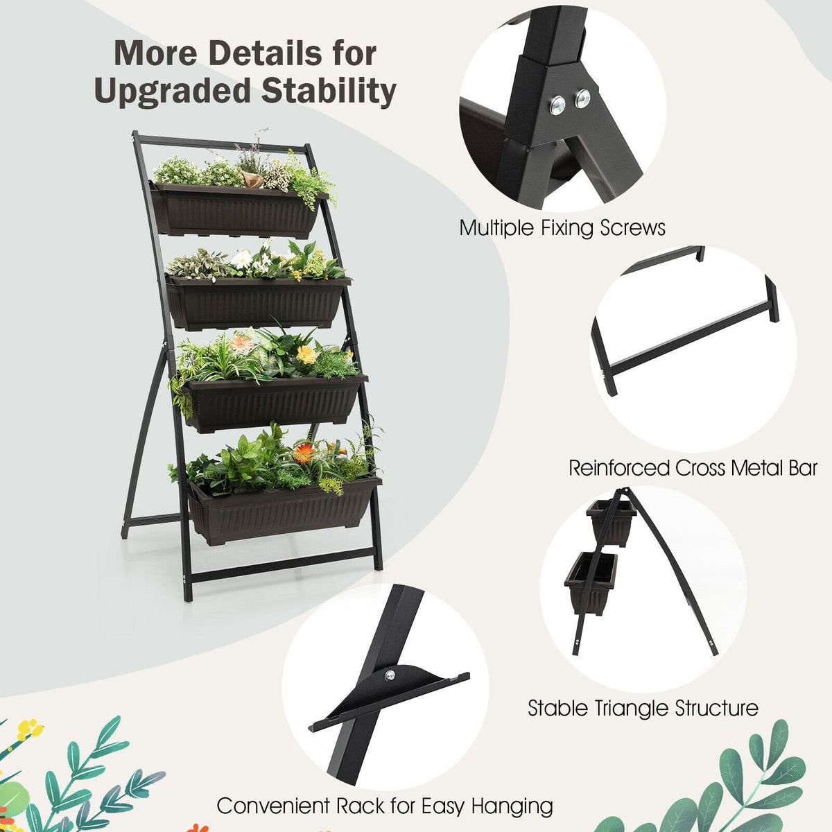 4 Tier Vertical Raised Garden Bed, 63 Inch Elevated Planter with 4 Containers and Drain Holes